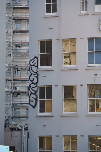 Auckland City 'de çok katlı bir binanın köşesindeki duvarda büyük bir duvar yazısı var.