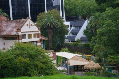 Auckland şehrinde tropikal bir vaha, etrafını palmiye ağaçları ve Palapa ile çevrili gökdelenlerin zeminine karşı