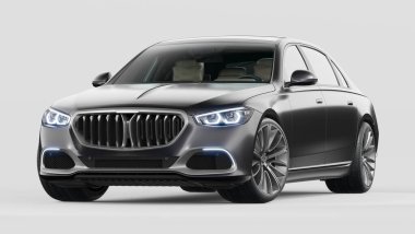 Stüdyo ortamında markasız, jenerik konsept bir arabanın 3 boyutlu çizimi