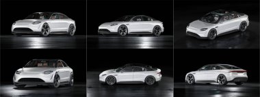 Stüdyo ortamında markasız, jenerik konsept bir arabanın 3 boyutlu çizimi