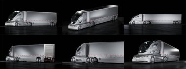 Markasız bir konsept kamyonun 3 boyutlu görüntüsü. Elektrikli otonom kamyon