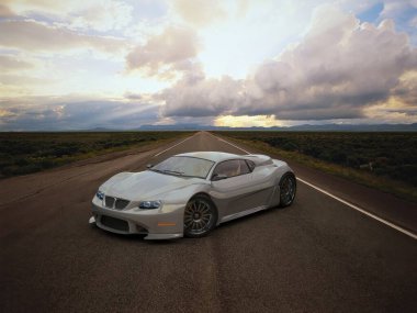 A sleek gray sports car parked on an empty highway amidst a dramatic, cloud-filled sky at sunset. clipart