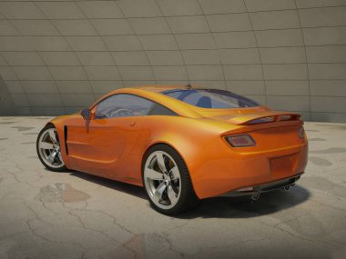 A sleek, orange sports car parked against a modern, curved concrete wall. clipart