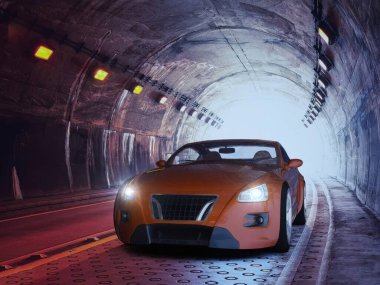 Sleek orange sports car speeding through a dimly lit tunnel with futuristic lighting. clipart