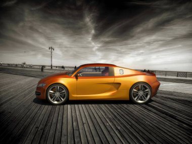 Vibrant orange sports car parked on a wooden pier under a dramatic, cloudy sky. clipart