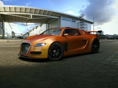 Parlak bulutlu gökyüzünün altındaki modern bir binanın dışındaki asfalt bir alana park edilmiş parlak turuncu spor araba..