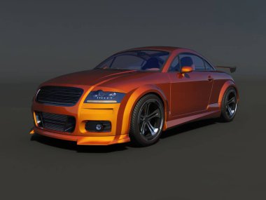 Sleek orange sports car with aerodynamic design and black rims, showcased against a dark background. clipart