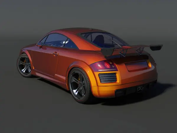 stock image A sleek orange sports car with a prominent rear spoiler, designed for high-speed performance.