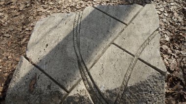 Intricately carved stone slab amidst fallen leaves in a forest setting. clipart