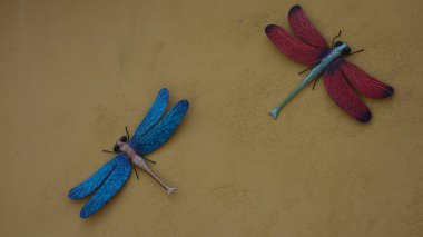 Sarı bir duvarda iki renkli yusufçuk heykeli.