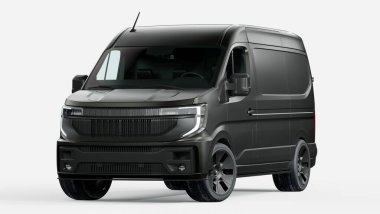 Beyaz arka planda parlak siyah bir kargo aracı..