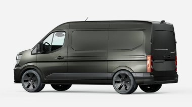 Beyaz arka planda koyu yeşil bir minibüs.