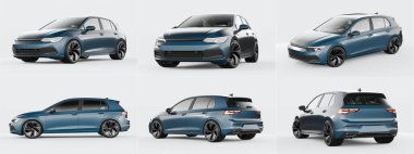 Stüdyo ortamında parlak mavi bir araba.