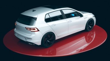Kırmızı bir platformda parlak beyaz hatchback.