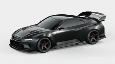 Aerodinamik tasarımı olan parlak siyah spor araba.