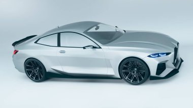 Minimalist bir arkaplanda parlak gümüş bir spor araba..