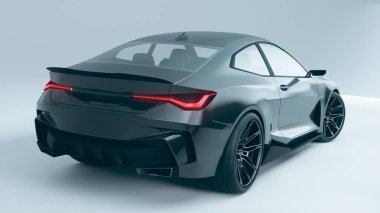 Stüdyoda parlak siyah bir spor araba..