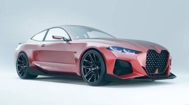 Fütürist tasarımı olan parlak kırmızı spor araba..