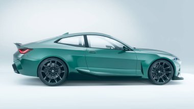 Minimalist bir ortamda parlak yeşil bir spor araba