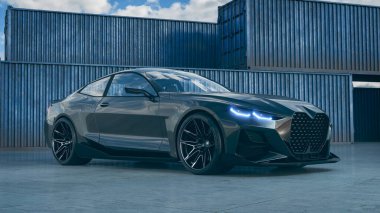 Endüstriyel ortamda parlak siyah spor araba