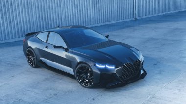 Çimento yüzeyinde modern siyah spor araba.