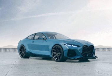 Açık bir çatıda parlak mavi bir spor araba..