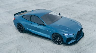 Beton zeminde parlak mavi bir spor araba..