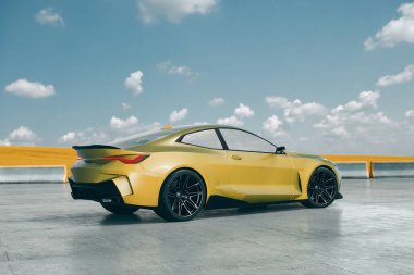 Açık yolda parlak sarı spor araba..