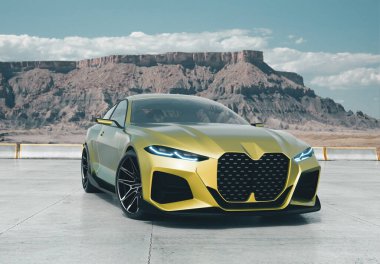 Açık çöl gökyüzünün altında parlak sarı spor araba..