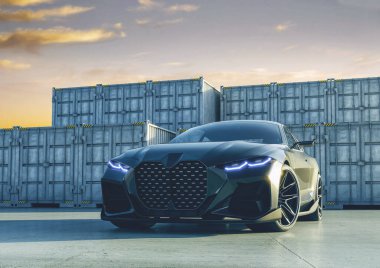 Gün batımında endüstriyel bir ortamda parlak siyah bir araba.