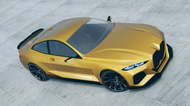 Beton zeminde parlak altın rengi spor araba..