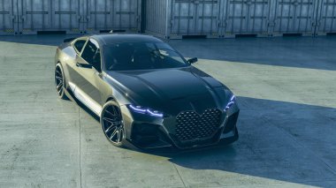 Endüstriyel alanda parlak siyah bir spor araba..