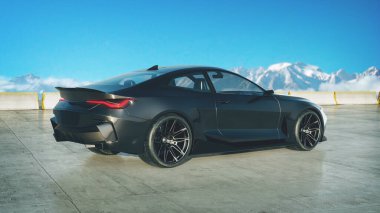 Dağ zeminli parlak siyah spor araba..