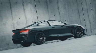 Parlak siyah spor araba beton duvarın yanına park edilmiş.