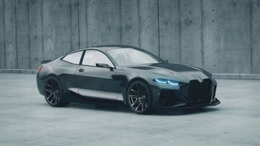 Modern şehir ortamında parlak siyah bir spor araba..