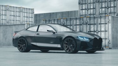 Endüstriyel alanda parlak siyah bir spor araba..