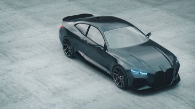 Beton yüzeyde parlak siyah spor araba