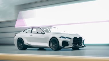 Gösterişli beyaz spor araba otoyolda ilerliyor..