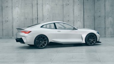 Gösterişli beyaz spor araba minimalist ayarlarda.