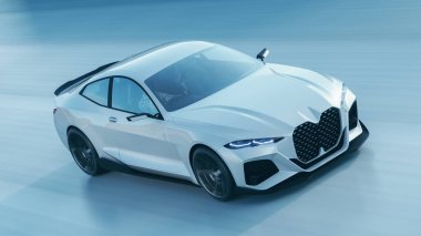 Gelecekçi beyaz spor araba hareket halinde.