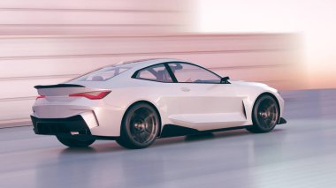 Modern bir yolda hız yapan parlak beyaz bir spor araba..