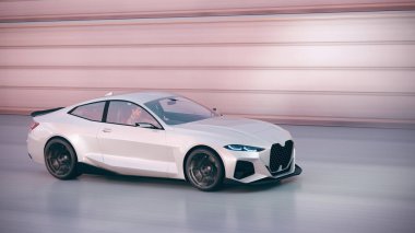 Şık beyaz spor araba şehir yolunda hareket halinde.