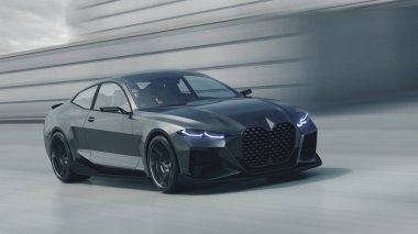 Şık modern araba şehir caddesinde hareket halinde..