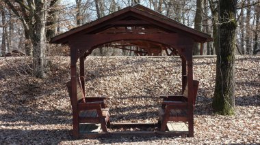 Ahşap taraça sakin bir ormanda sallanıyor..