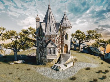 Enchanting stone castle with turrets under a vibrant sky. clipart