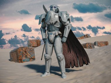 Futuristic armored figure in a desert landscape. clipart