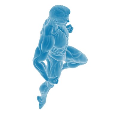 Hareket halindeki kaslı bir insan formunun 3 boyutlu çizimi.