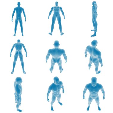 Birden fazla pozisyonda bir erkek figürünün 3B görüntülemesi.
