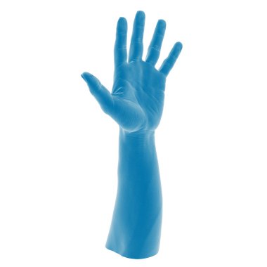 Mavi eldiven bir selamlama jesti ile yukarı uzanıyor..