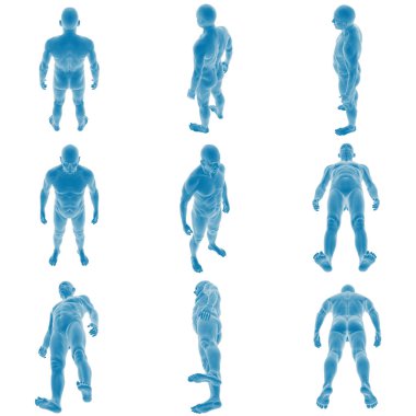 Bir erkek vücudunun üç boyutlu görüntüsü birden fazla pozda.
